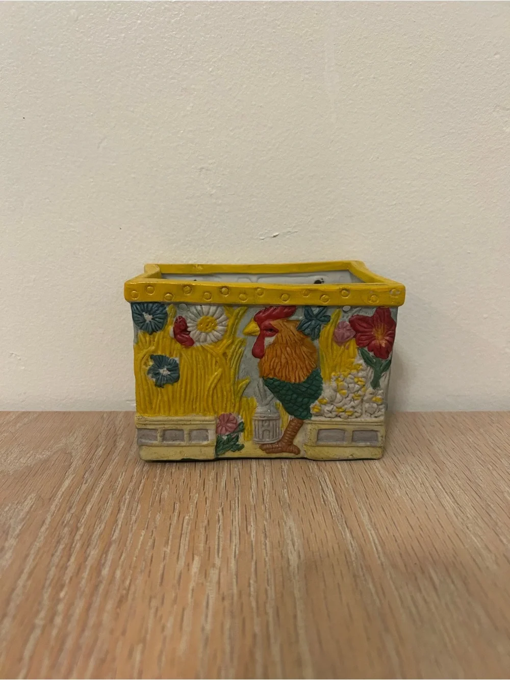 Hand-Painted Ceramic Rooster Planter in Yellow and Multicolor